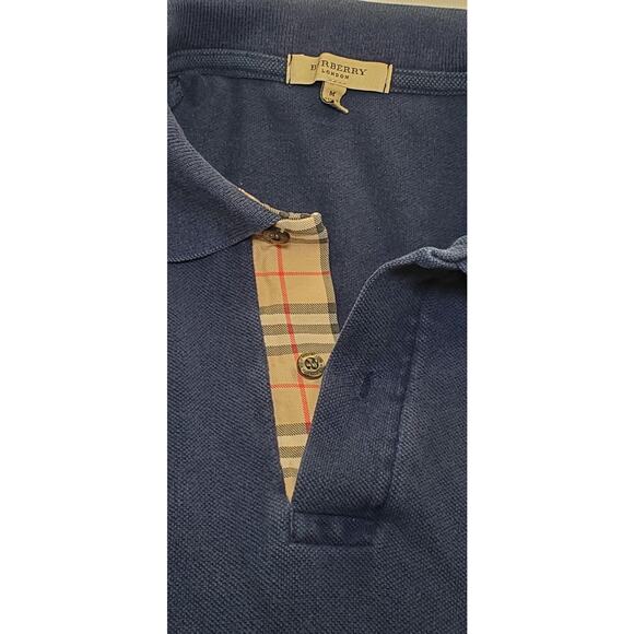 Burberry London Size M Mens Classic Polo Navy Cotton Nova Check Trim Ca11 - Picture 6 of 9